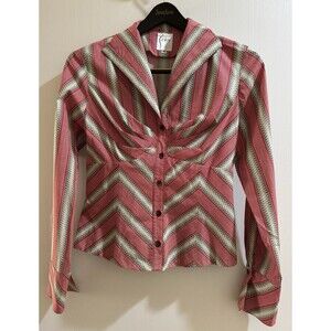 Finley Blouse M Red Chevron Stripe Button Front Fitted Y2K 2005 USA